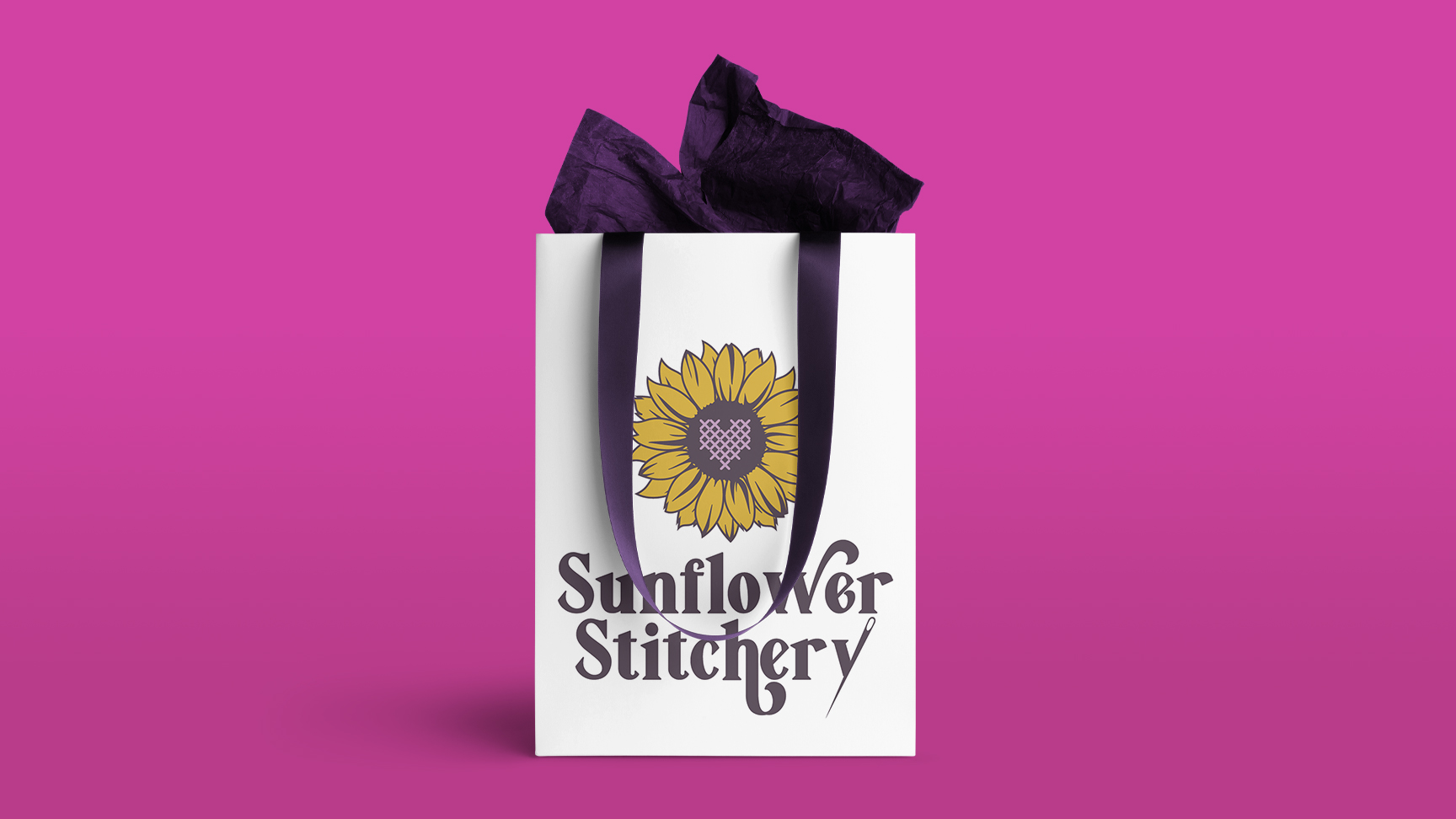 Sunflower Stitchery logo displayed on a gift bag